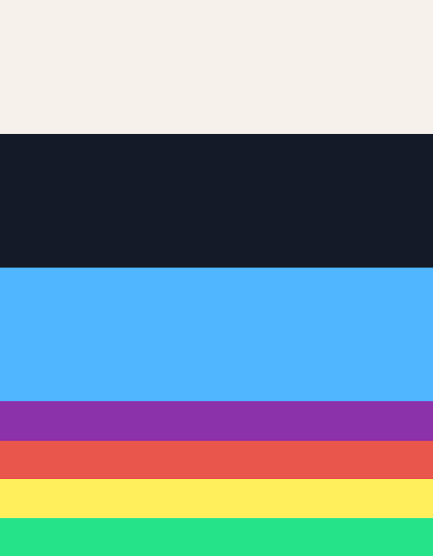 Six horizontal stripes showing the brand’s colors: dark navy, bright blue, purple, red, yellow, and green.