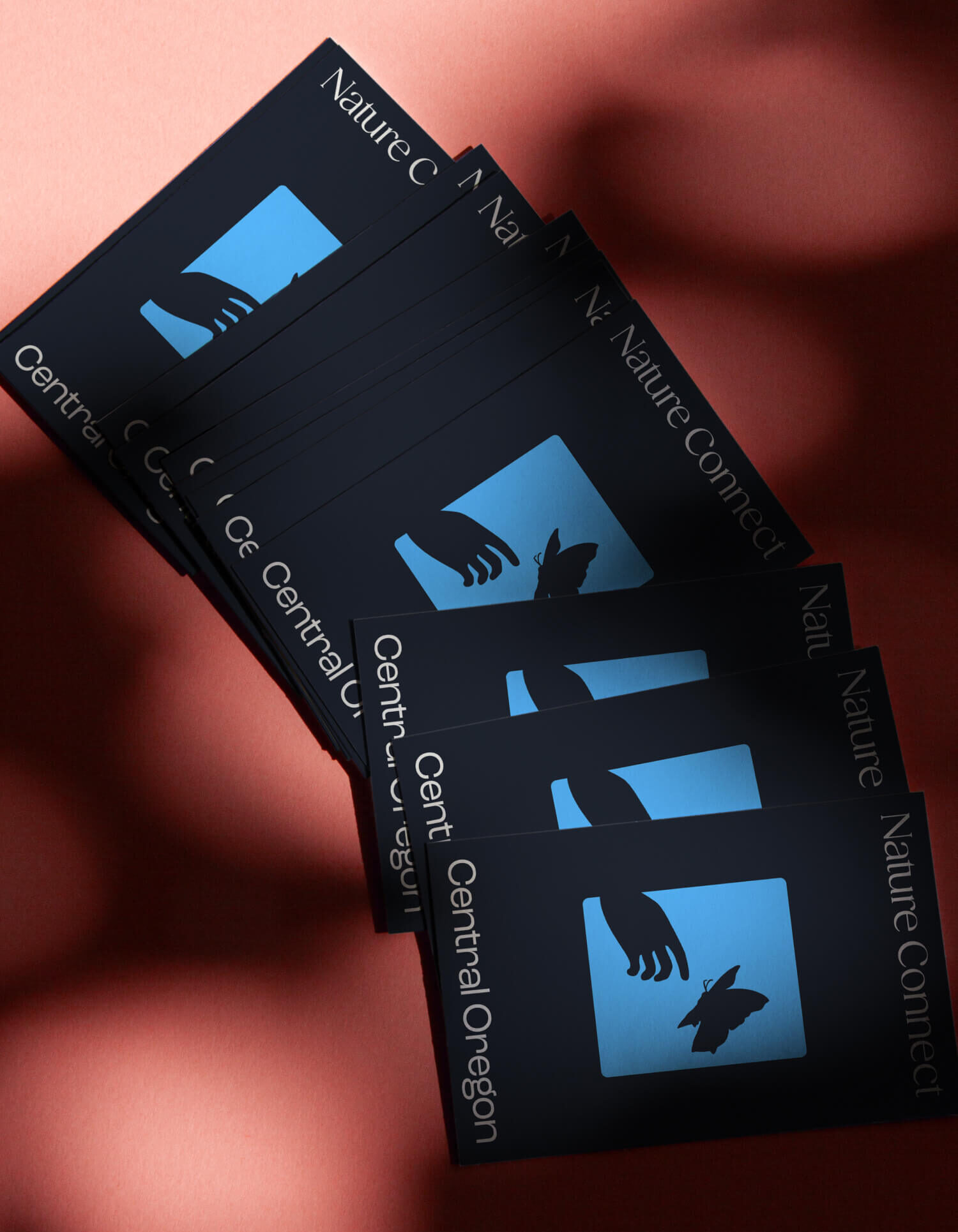 A small stack of black business cards featuring the blue hand-and-butterfly square logo and the text ‘Nature Connect Central Oregon.’
