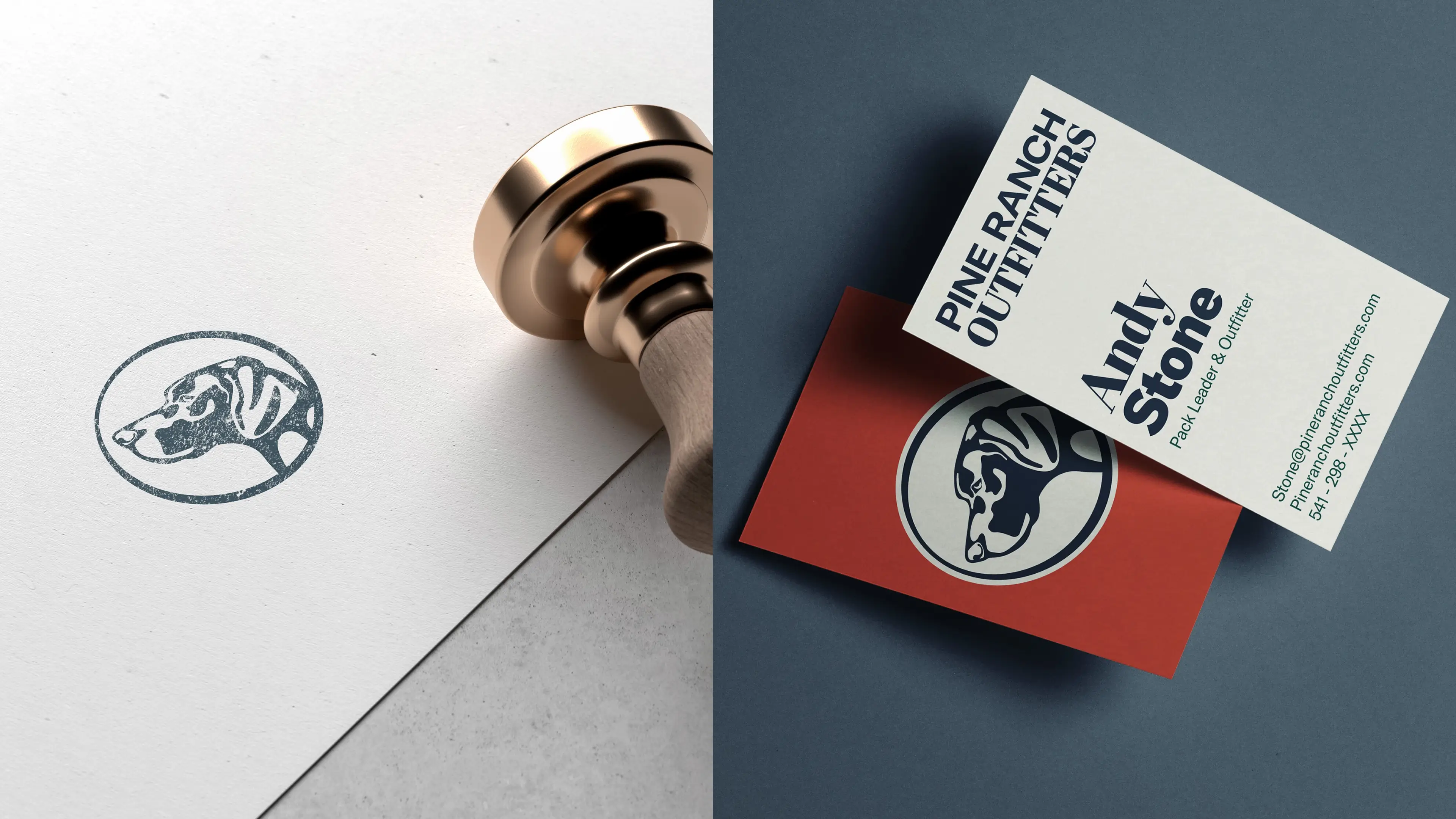 Pine Ranch Outfitters business card and rubber stamp