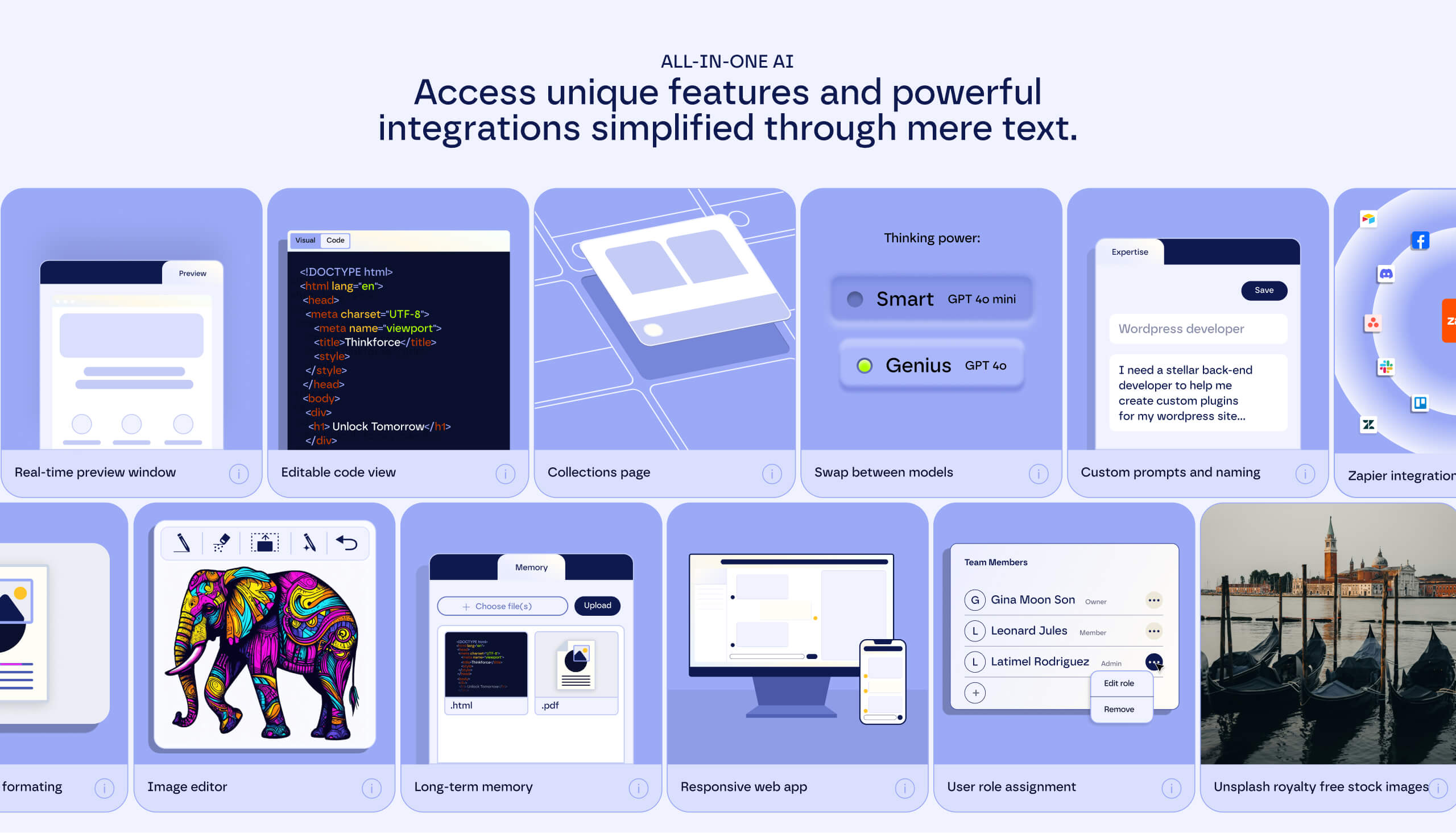 A promotional Thinkforce AI image displaying multiple features such as a real-time preview window, editable code view, collections page, model switching, custom prompts, and integrations. The layout consists of multiple cards showcasing different functionalities.