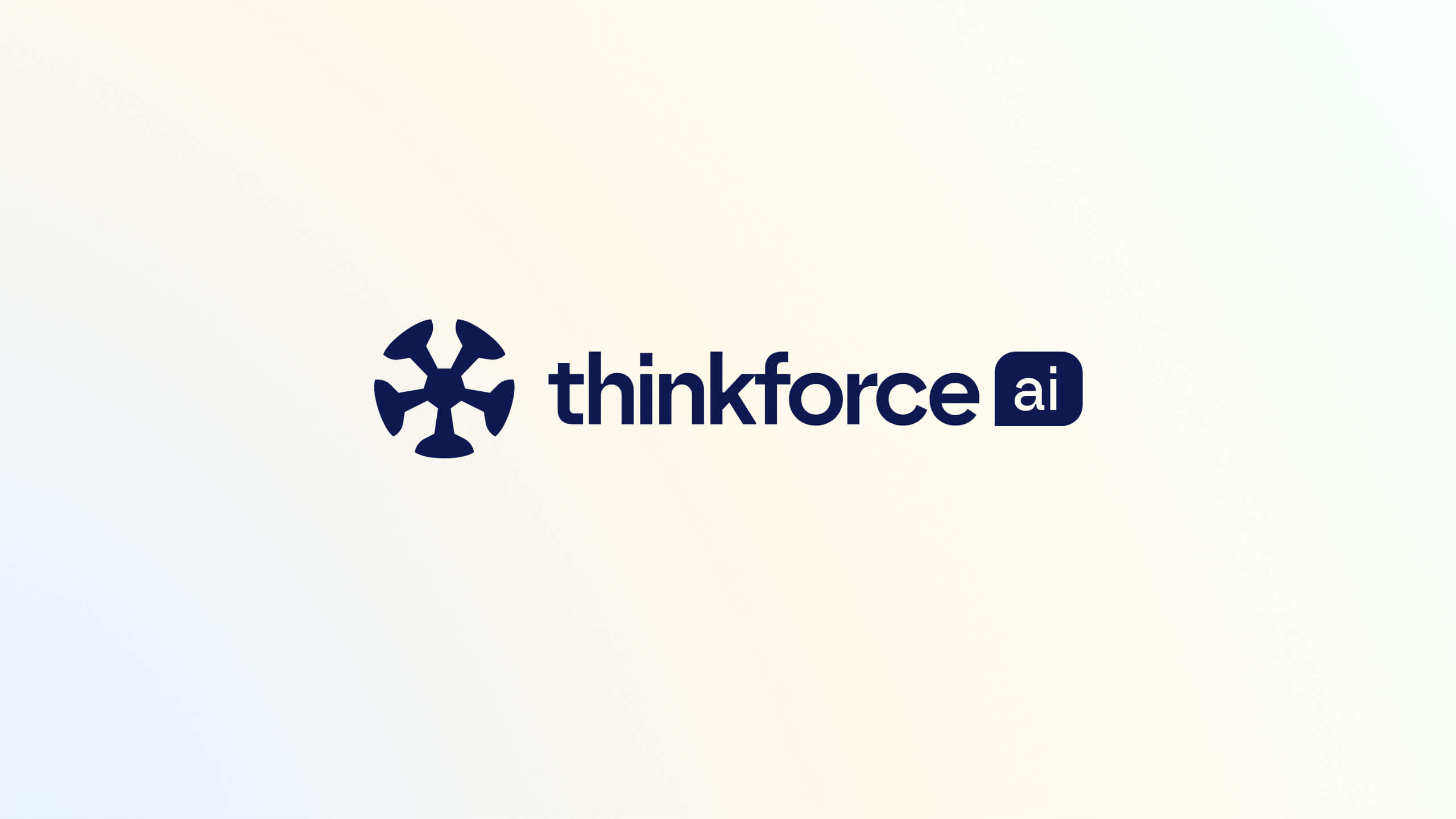 The Thinkforce AI logo displayed on a soft gradient background. The logo consists of a six-pronged geometric icon and the word "thinkforce" in bold lowercase letters, followed by "ai" enclosed in a rounded blue rectangle.