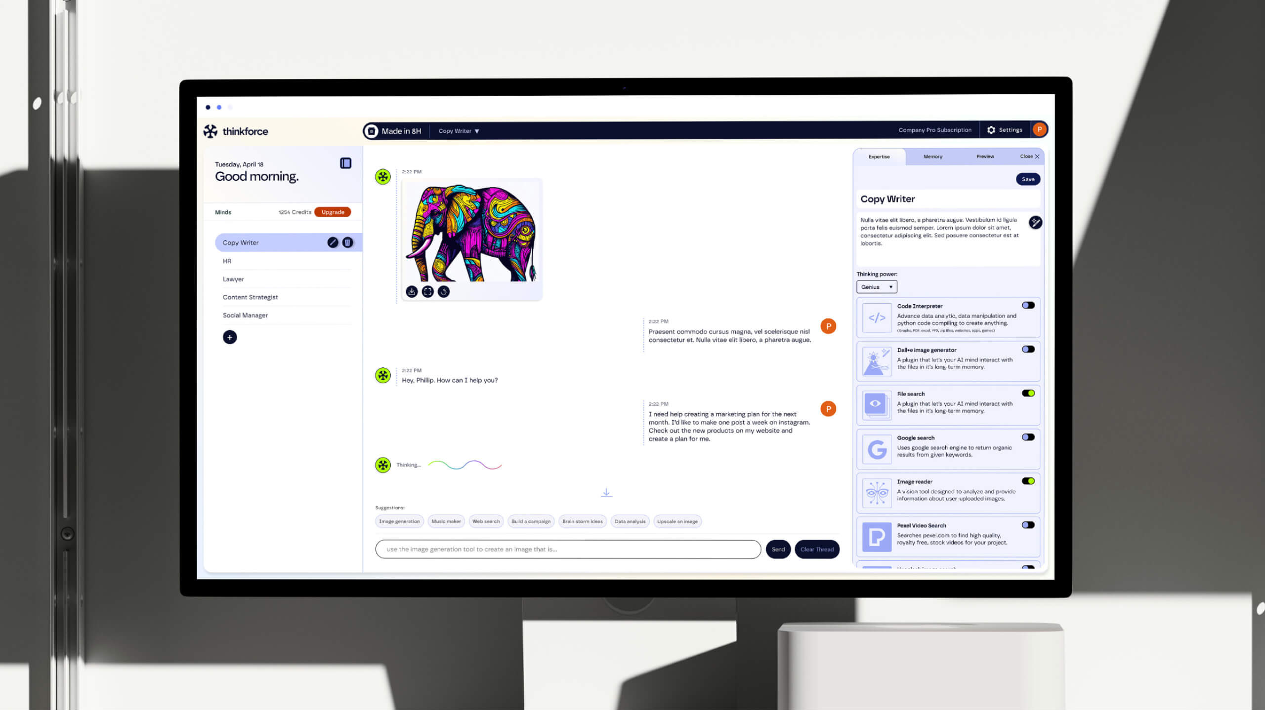 Close-up of the same AI-powered interface on a desktop screen, showing a chat assistant named "Copy Writer" with various AI plugin options such as code interpretation, image generation, and file search.