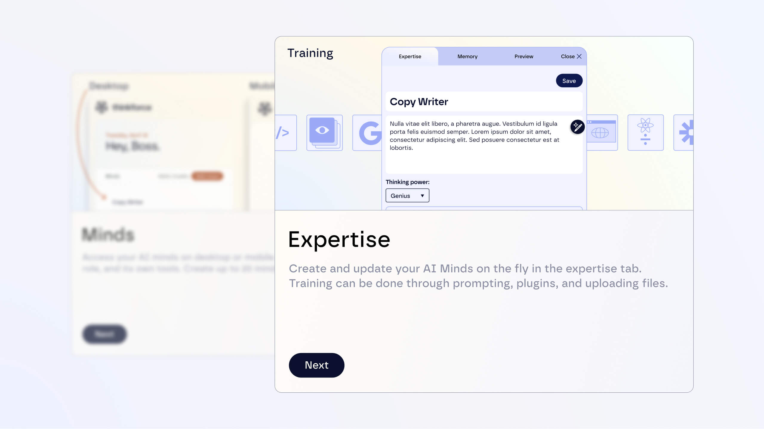 A training module from the AI platform, displaying an interface that allows users to modify AI expertise, memory, and other settings. The screen highlights a "Copy Writer" AI assistant.