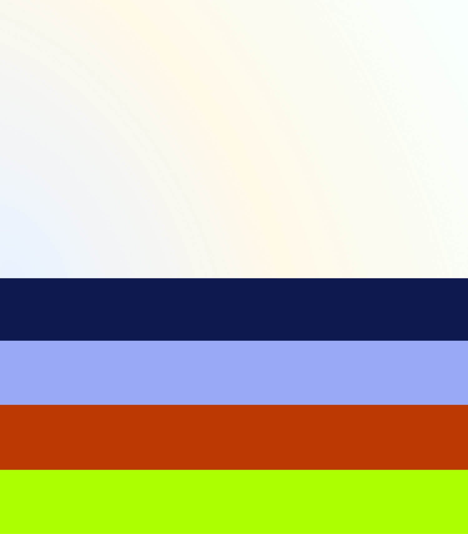 A set of five horizontal color swatches, featuring dark blue, light blue, red-orange, and neon green, likely representing the brand’s color palette.