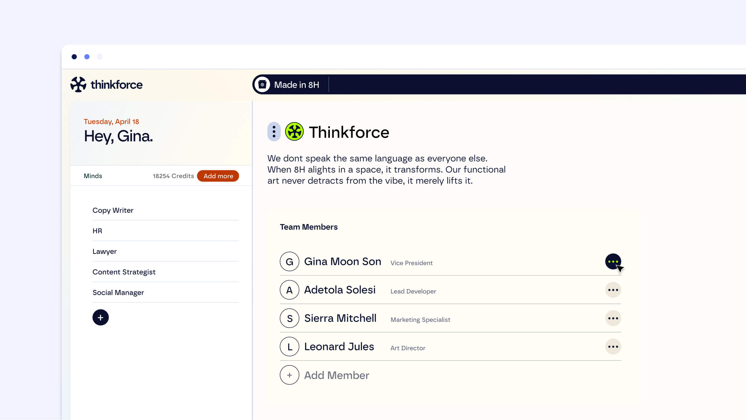 A team management interface from the AI platform, featuring a user dashboard displaying members such as "Gina Moon Son" (Vice President) and other team members with roles like lead developer, marketing specialist, and art director.