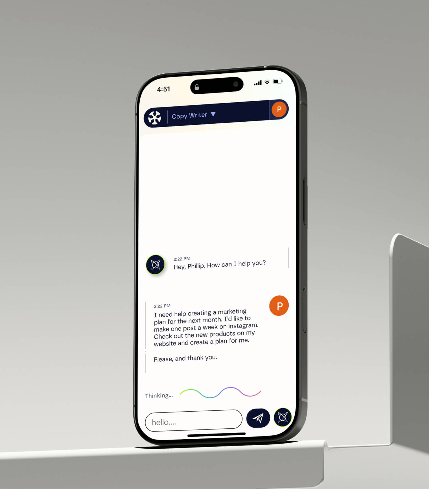 A mobile version of the AI chat assistant "Copy Writer" running on a smartphone. The user has requested help creating a marketing plan, and the assistant is in the process of generating a response.