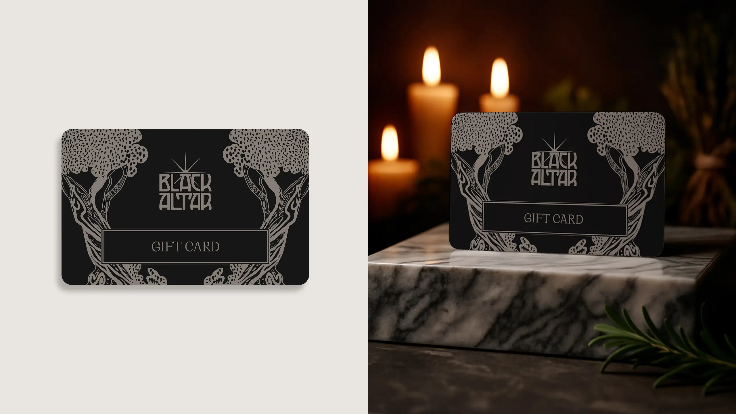The brand gift card sits beautifully atop a marble altar. The illustration showing two trees of life and the logo.