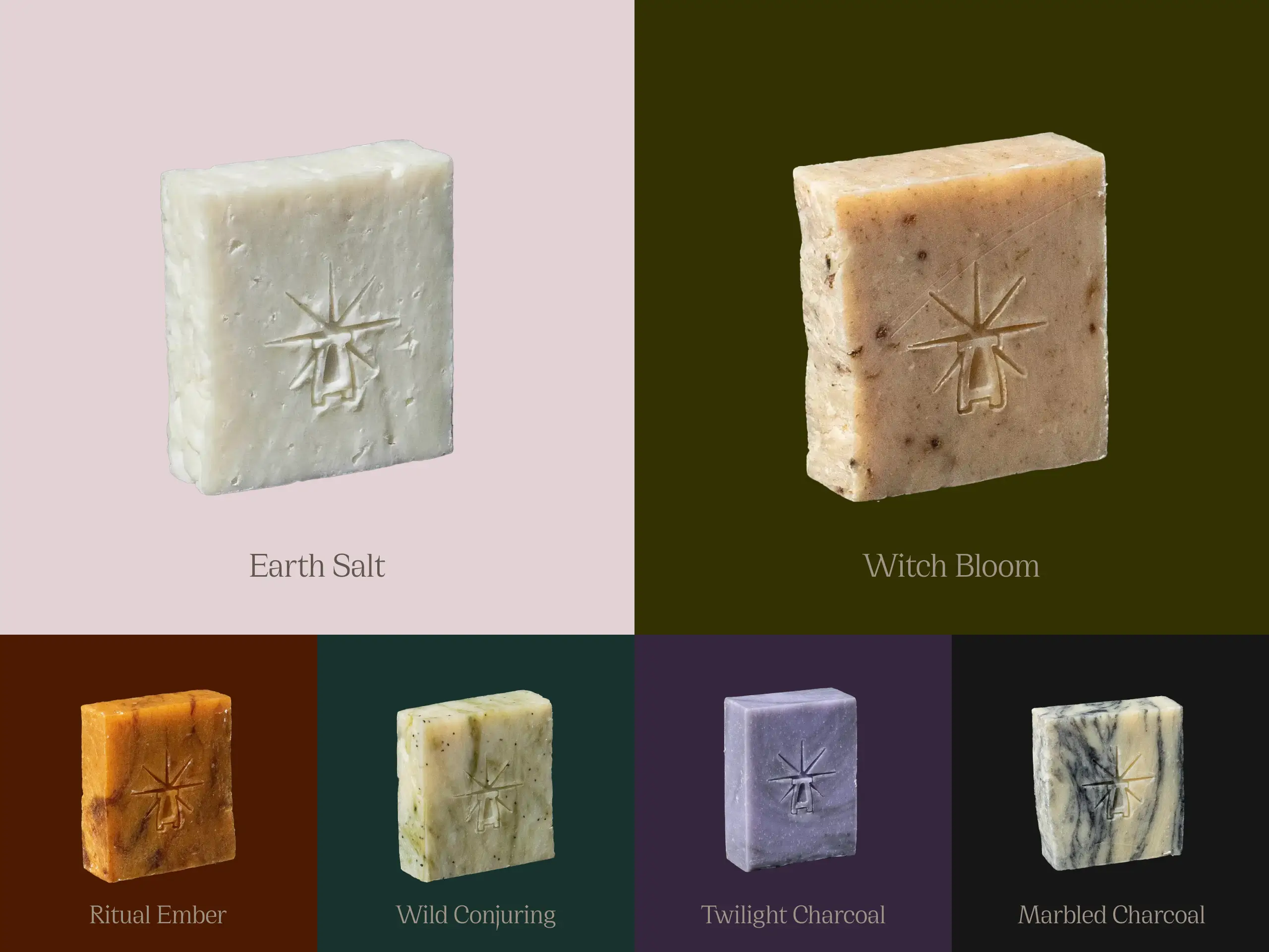 all 6 soaps, each showing their names and chosen colored backgrounds