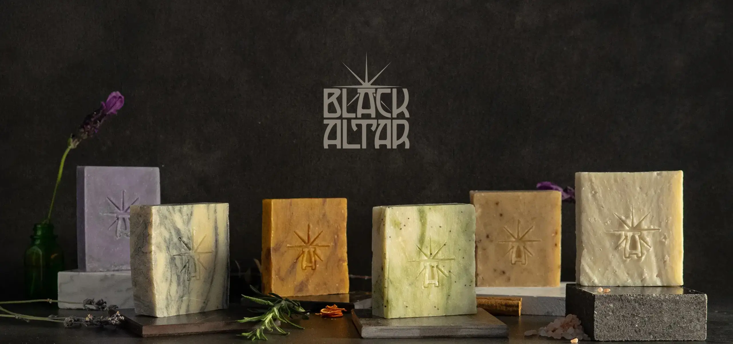 all six images lined up in a moody dark setting surrounded by ingredients