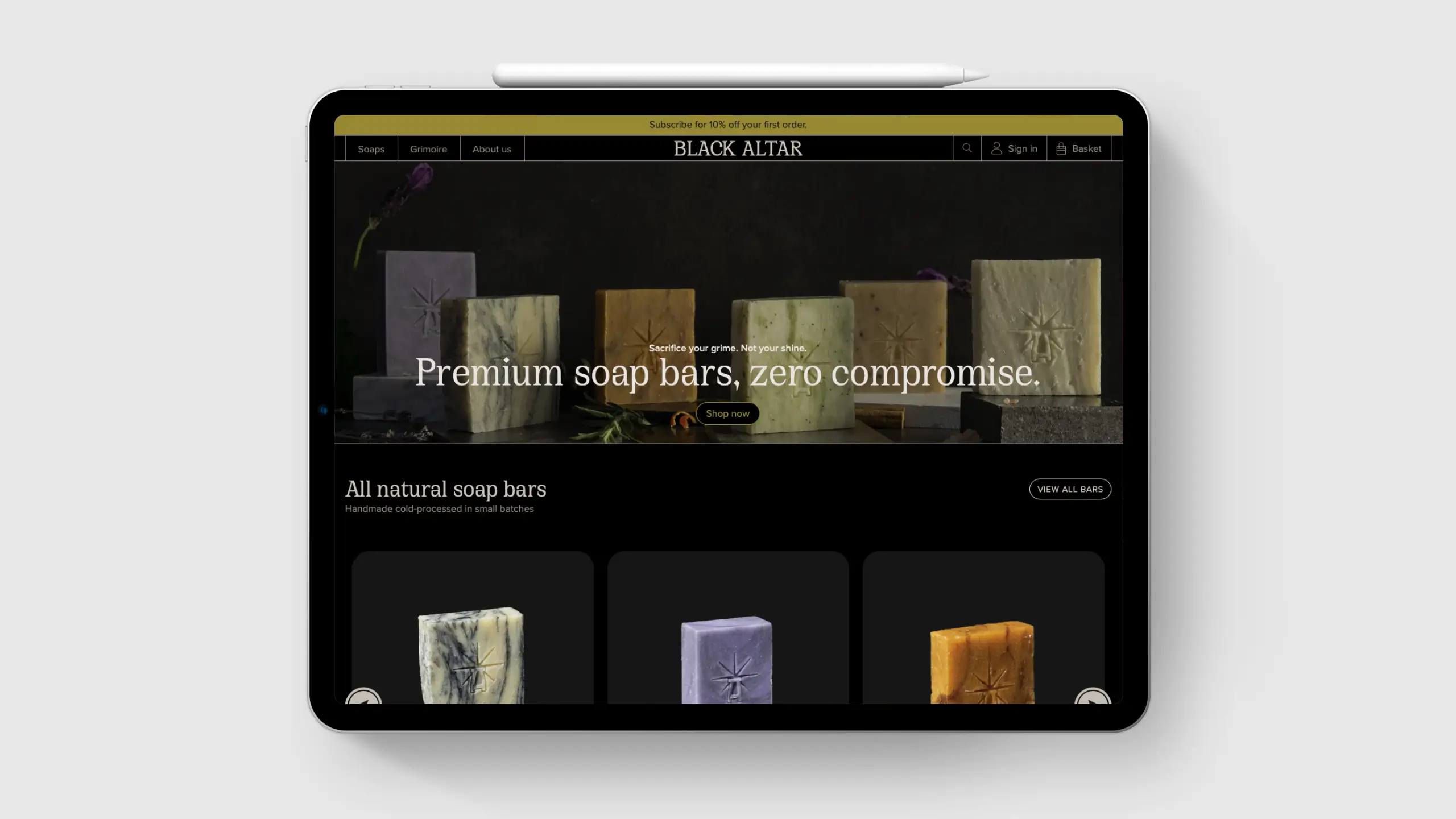 the website homepage shown on an ipad pro