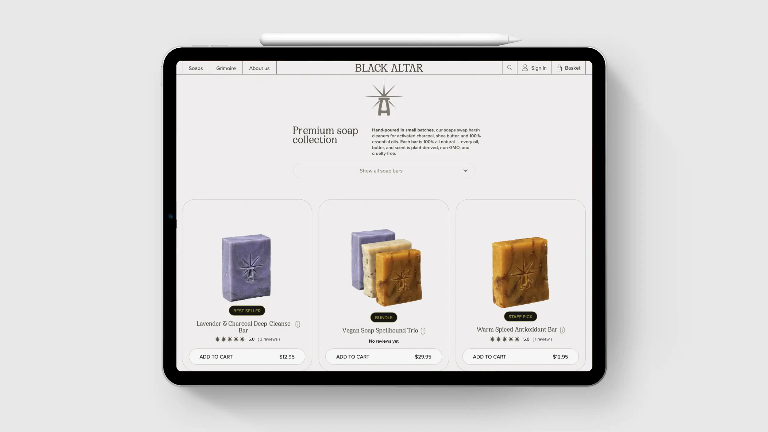 The shop soaps page shown on an ipad pro