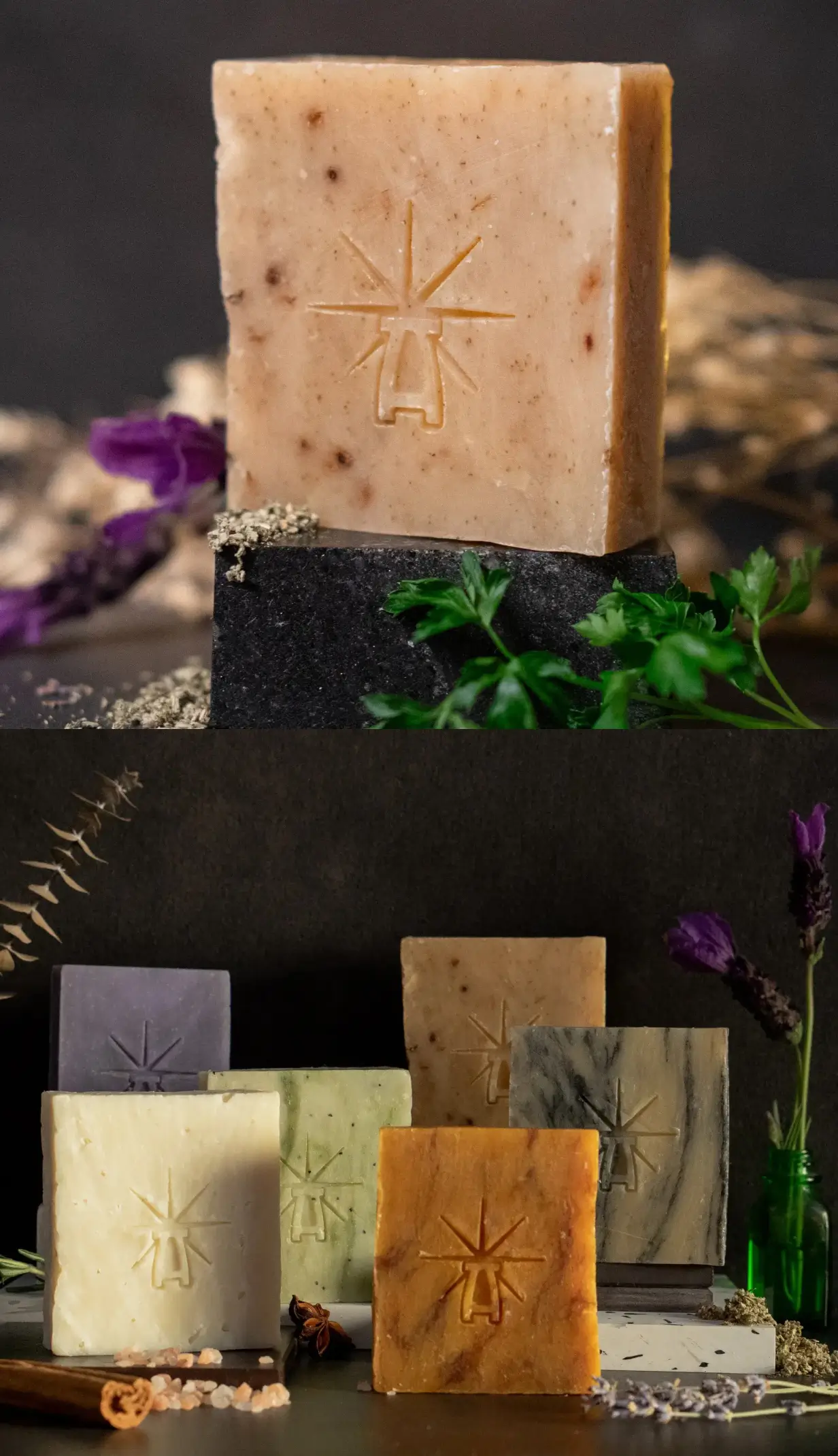 Two images, one above the other. The top one features thw "witch bloom" soap on a black marble altar surrounded by ingredients. The bottom is a line up of all 6 soaps.